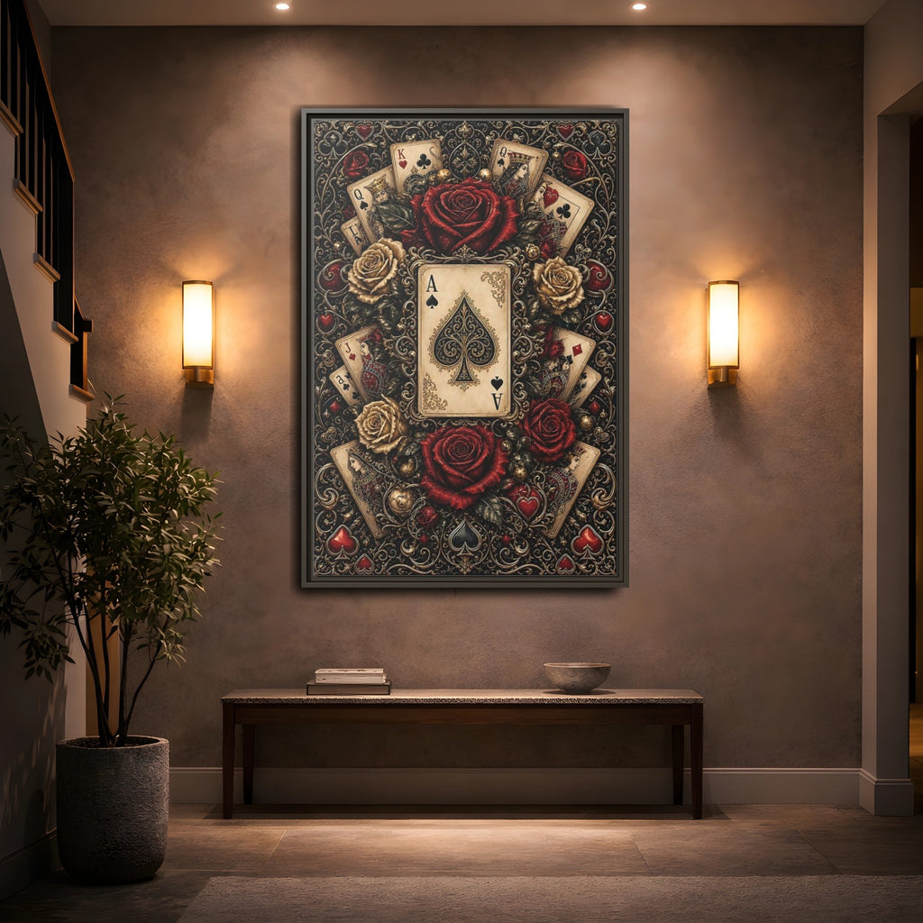 Mockup 2. Vintage Playing Cards Red Gold Playing Cards shown as stretched canvas wall art