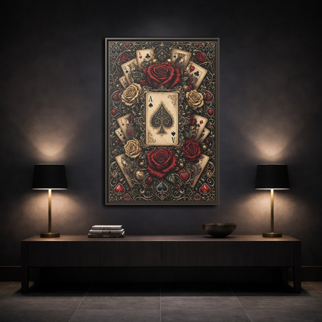 Mockup 3. Vintage Playing Cards Red Gold Playing Cards shown as stretched canvas wall art