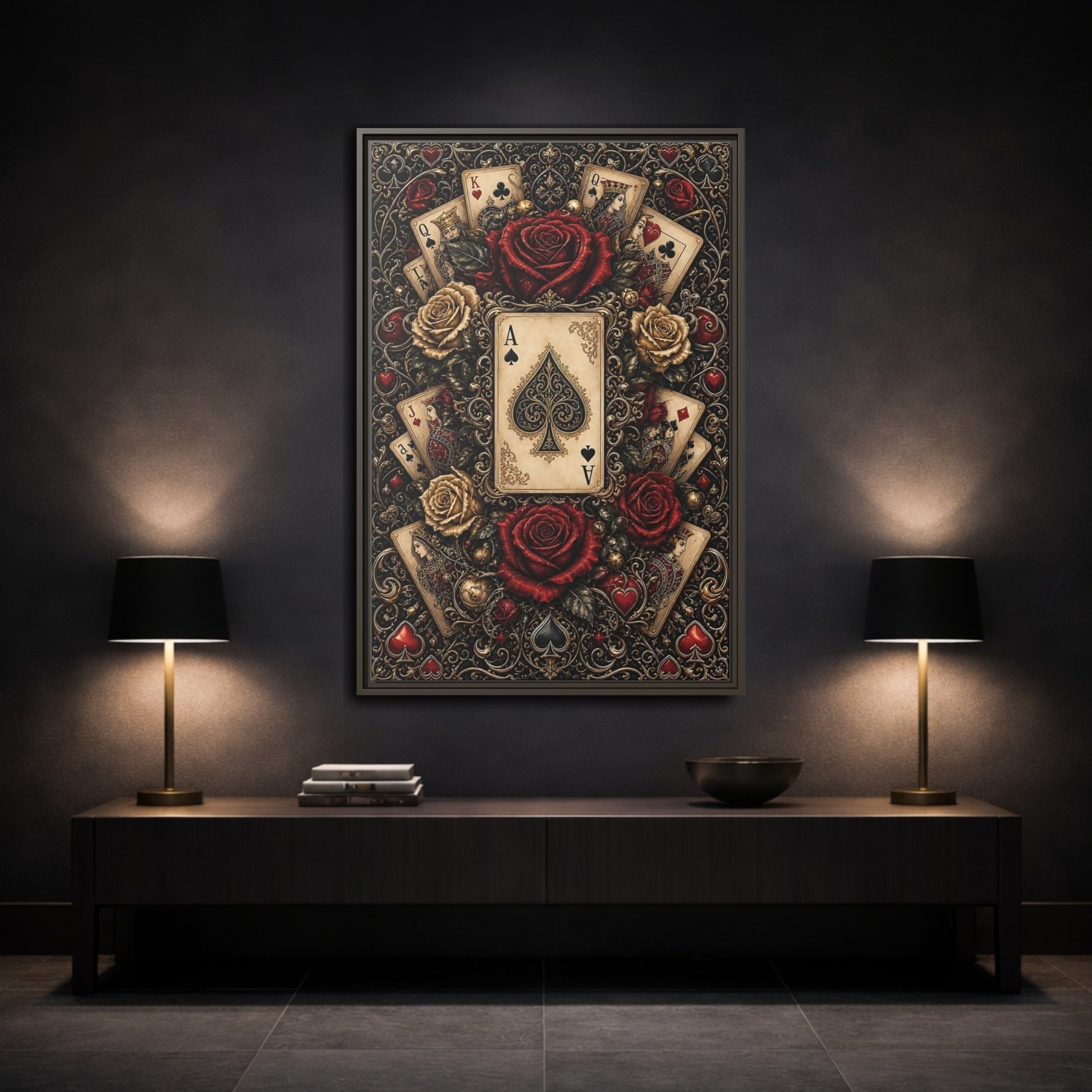 Mockup 3. Vintage Playing Cards Red Gold Playing Cards shown as stretched canvas wall art