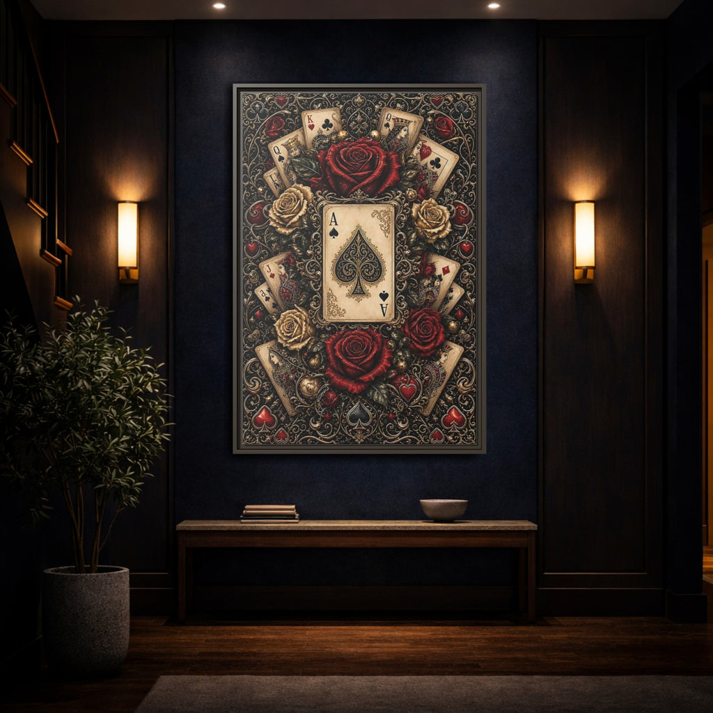 Mockup 4. Vintage Playing Cards Red Gold Playing Cards shown as stretched canvas wall art