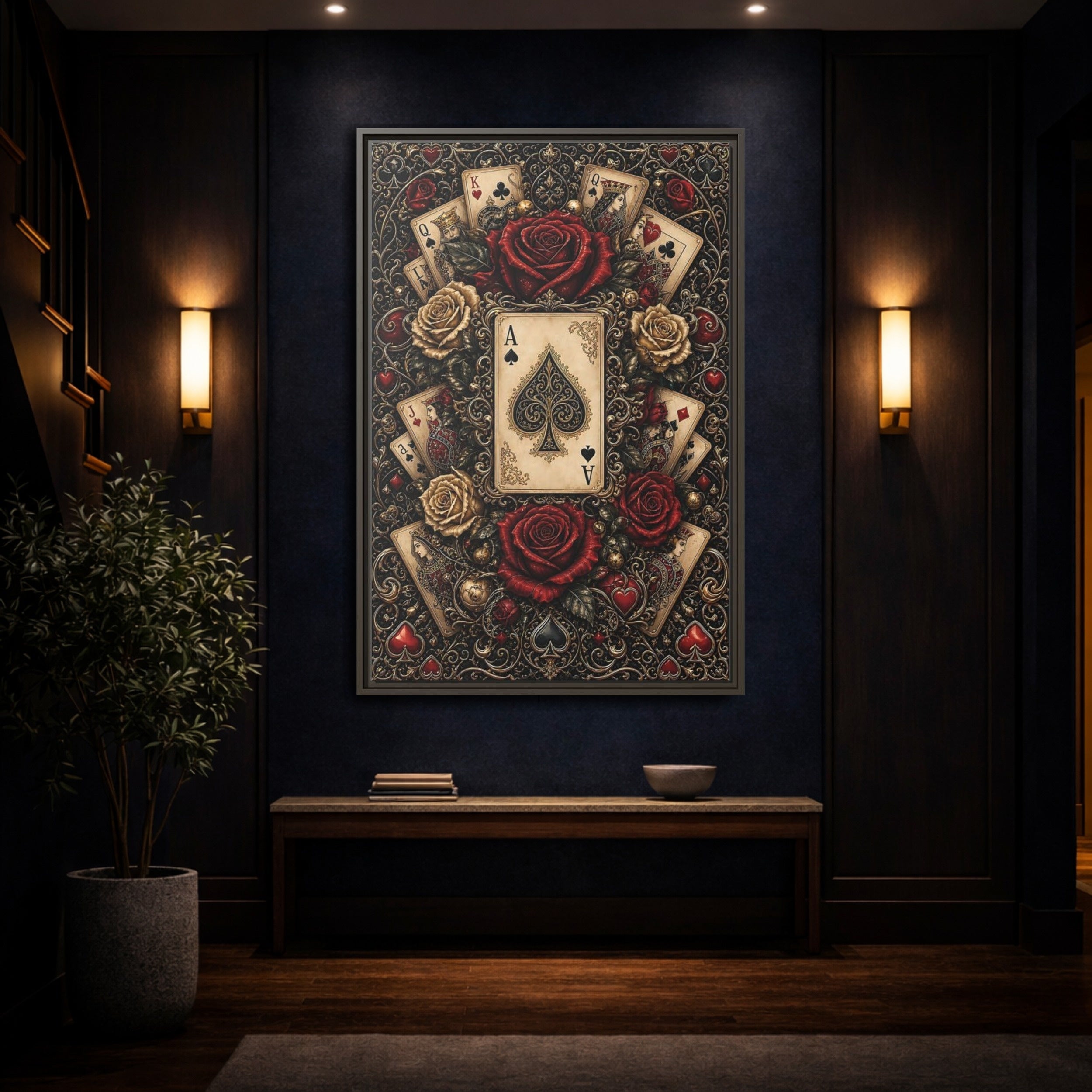 Mockup 4. Vintage Playing Cards Red Gold Playing Cards shown as stretched canvas wall art