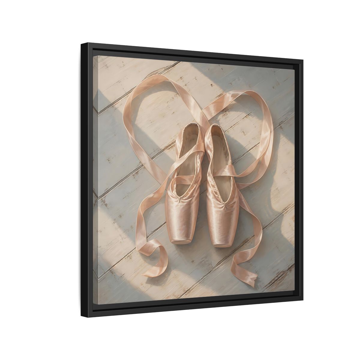 Side Mockup 12. Vintage Pointe Shoes Pink Ballet Shoes shown as framed canvas print