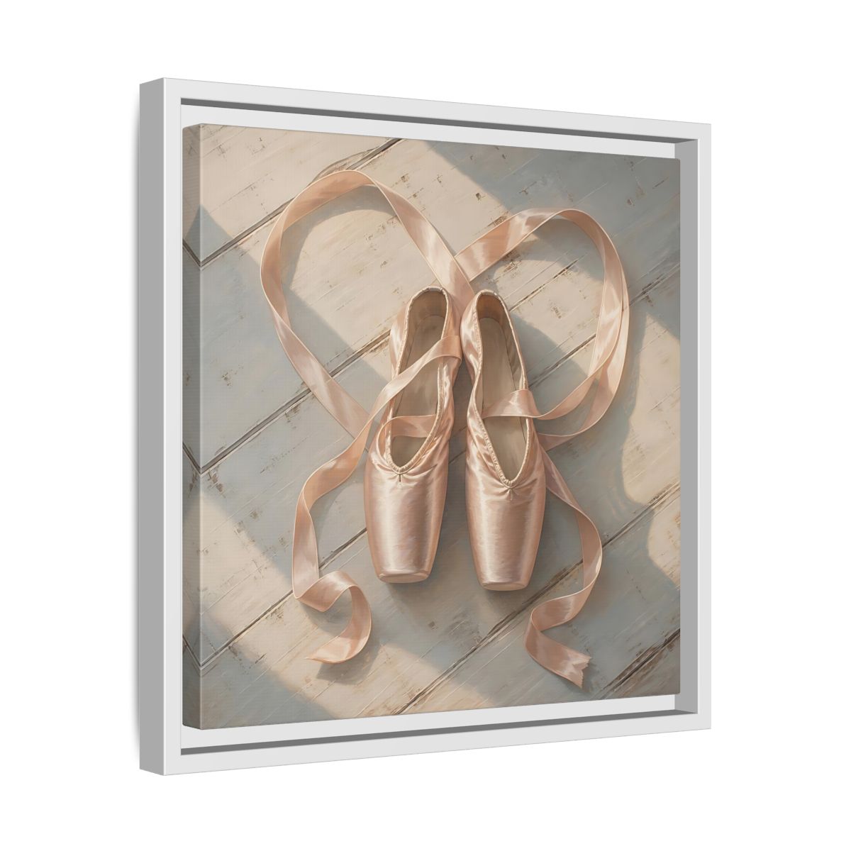Side Mockup 28. Vintage Pointe Shoes Pink Ballet Shoes shown as framed canvas print