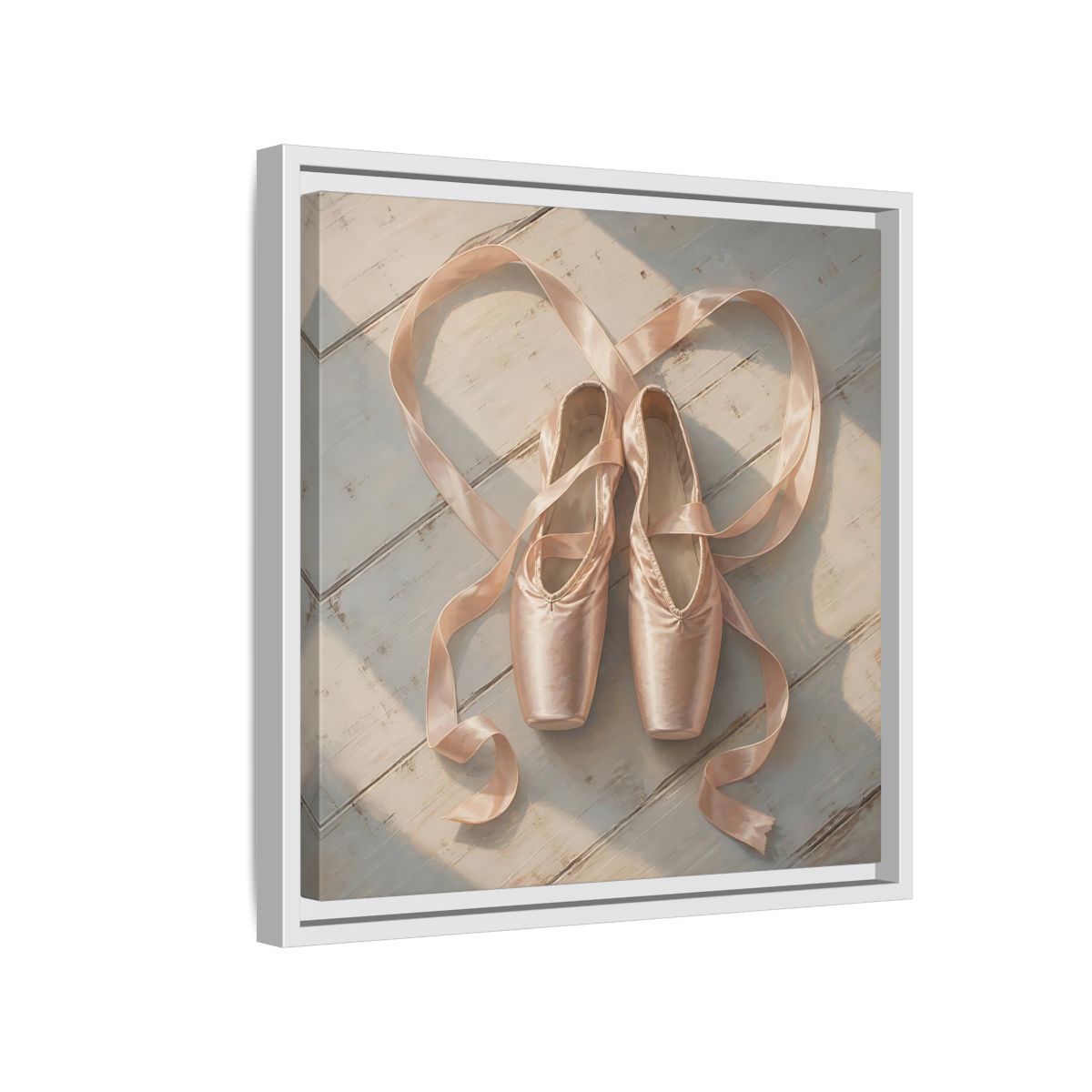 Side Mockup 13. Vintage Pointe Shoes Pink Ballet Shoes shown as framed canvas print