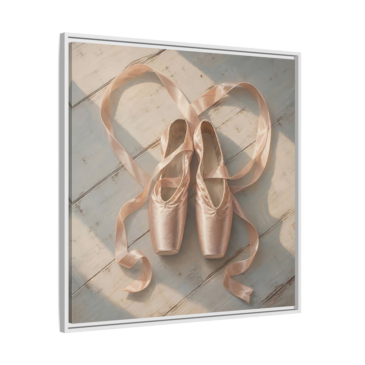 Side Mockup 25. Vintage Pointe Shoes Pink Ballet Shoes shown as framed canvas print