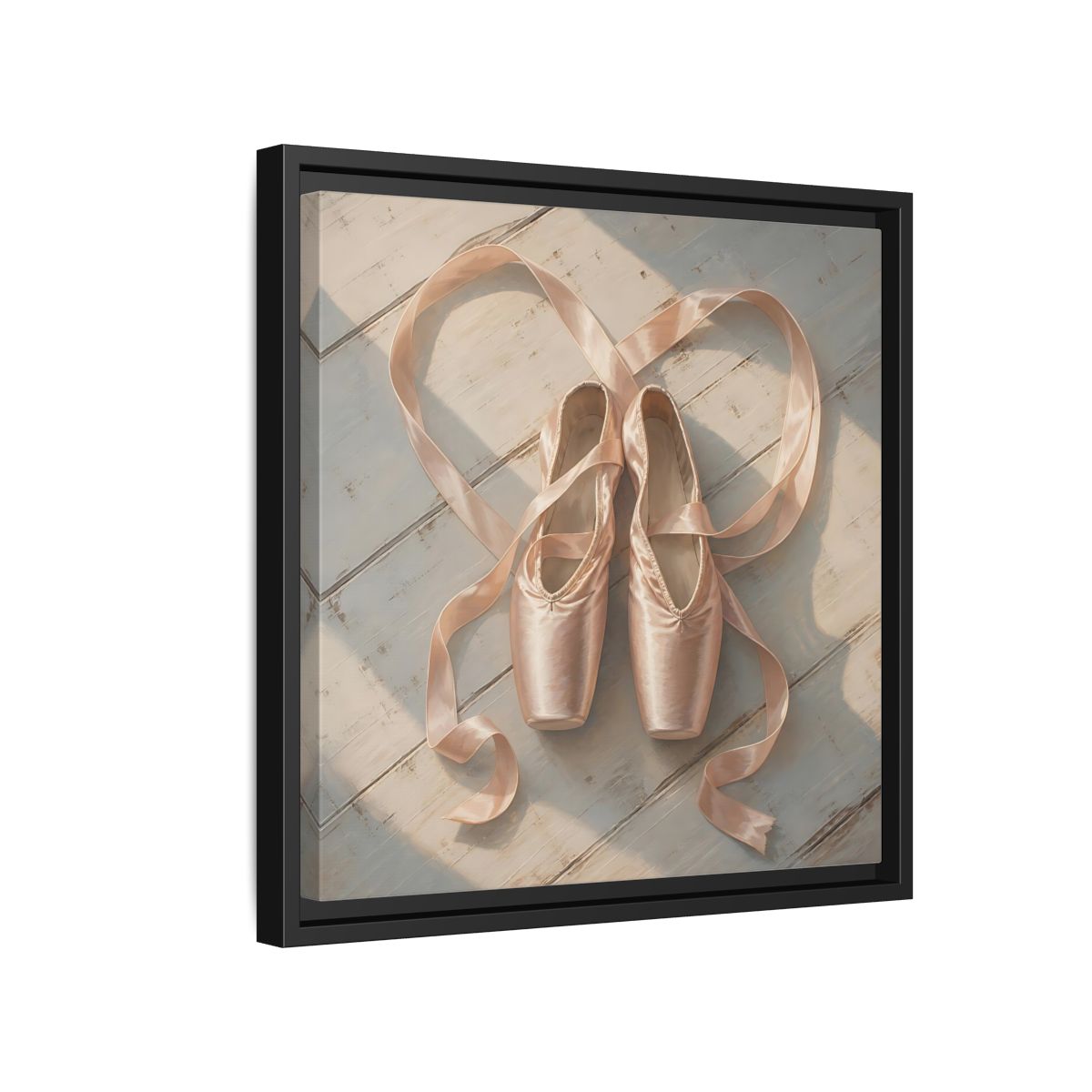 Side Mockup 15. Vintage Pointe Shoes Pink Ballet Shoes shown as framed canvas print