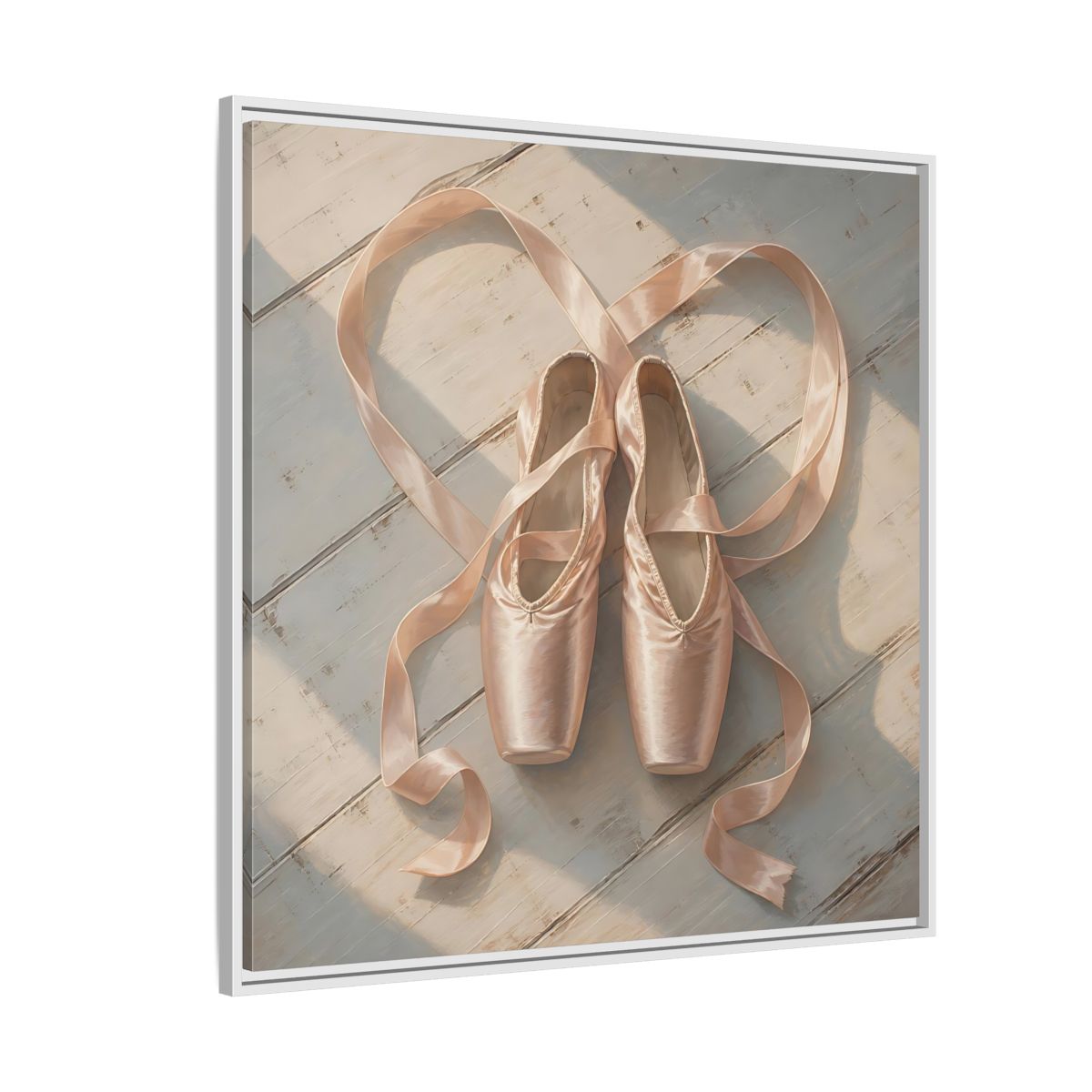 Side Mockup 4. Vintage Pointe Shoes Pink Ballet Shoes shown as framed canvas print