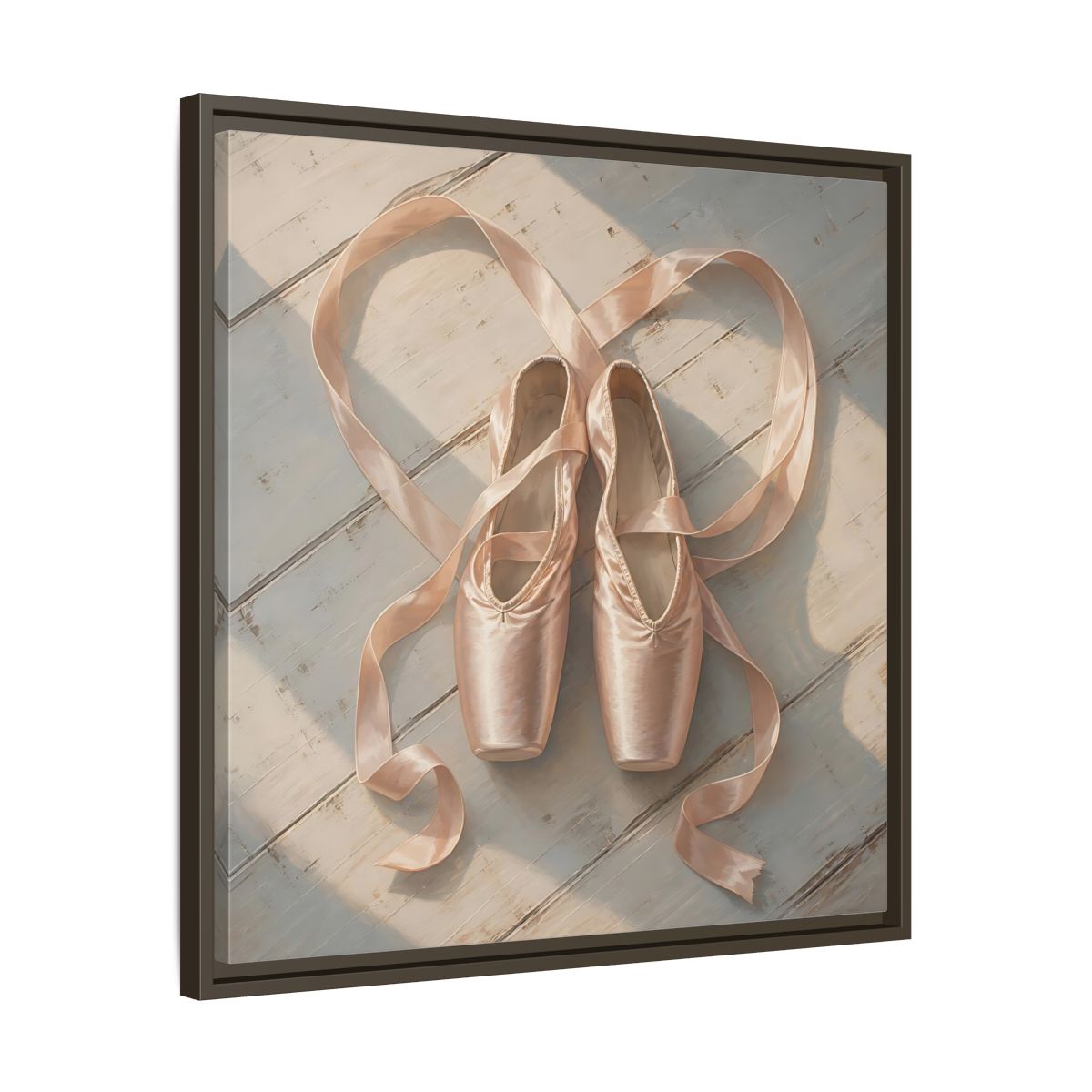 Side Mockup 27. Vintage Pointe Shoes Pink Ballet Shoes shown as framed canvas print