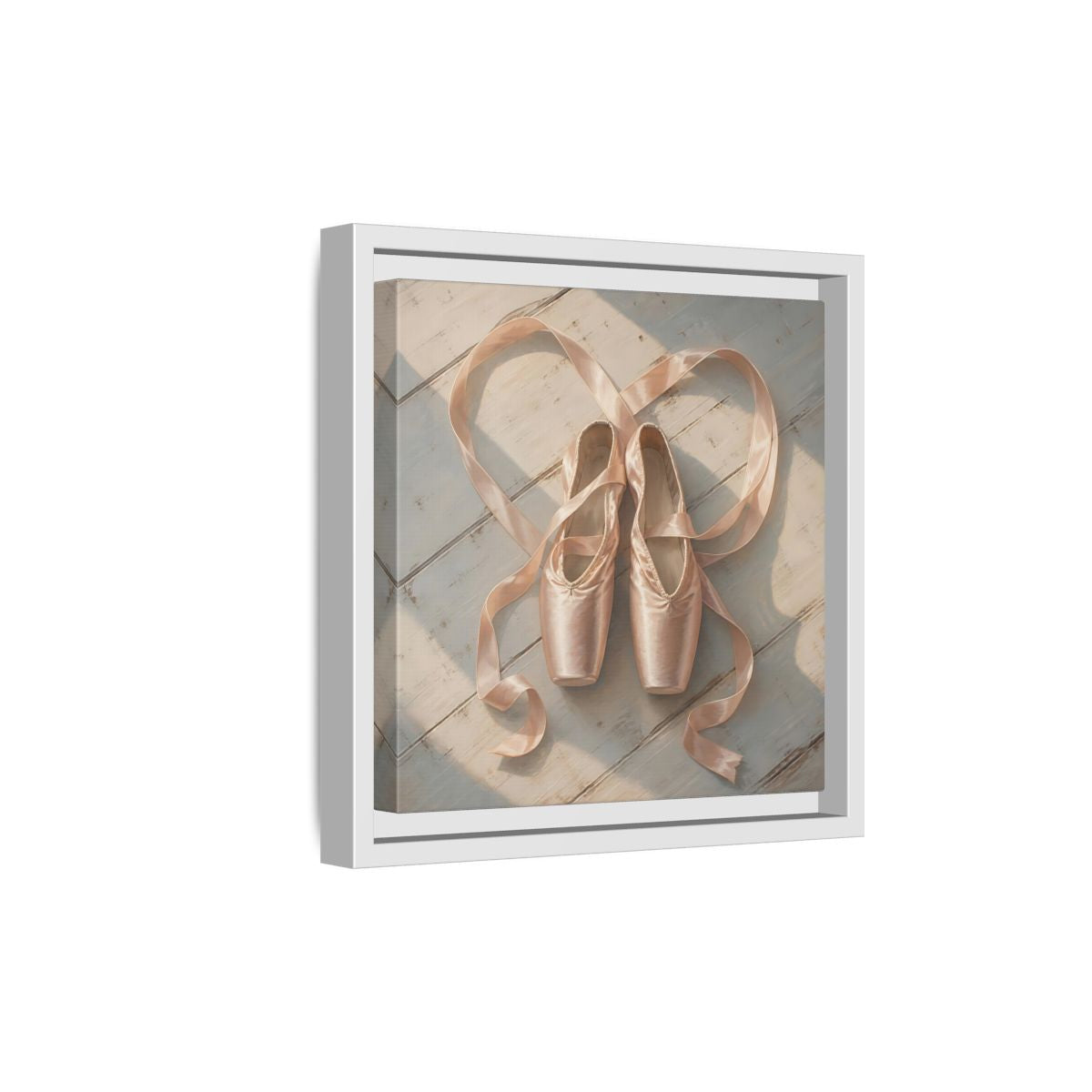 Side Mockup 19. Vintage Pointe Shoes Pink Ballet Shoes shown as framed canvas print