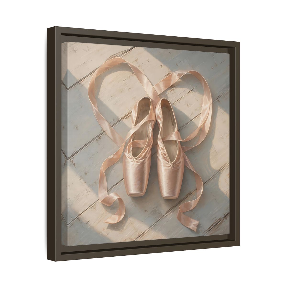 Side Mockup 29. Vintage Pointe Shoes Pink Ballet Shoes shown as framed canvas print