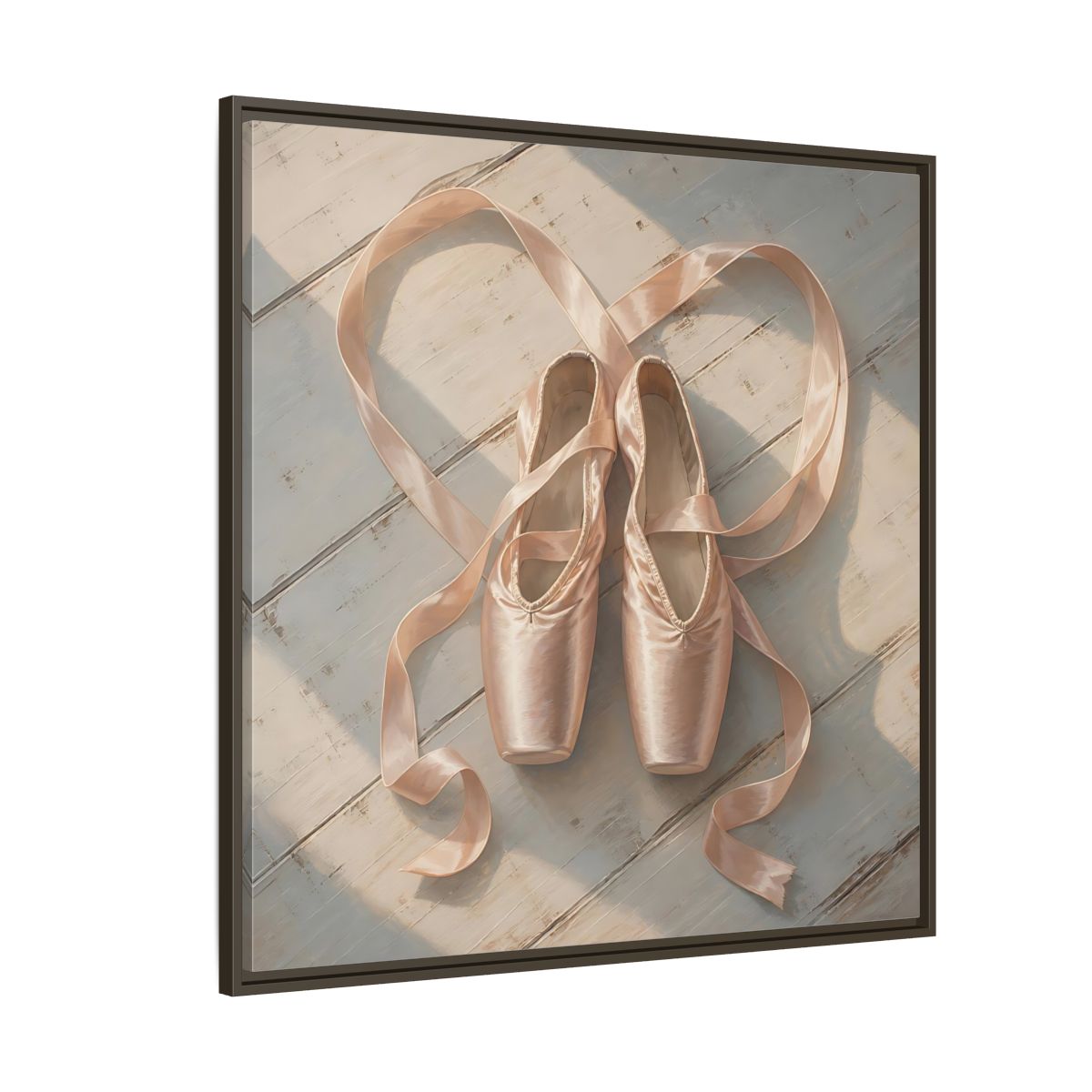 Side Mockup 5. Vintage Pointe Shoes Pink Ballet Shoes shown as framed canvas print