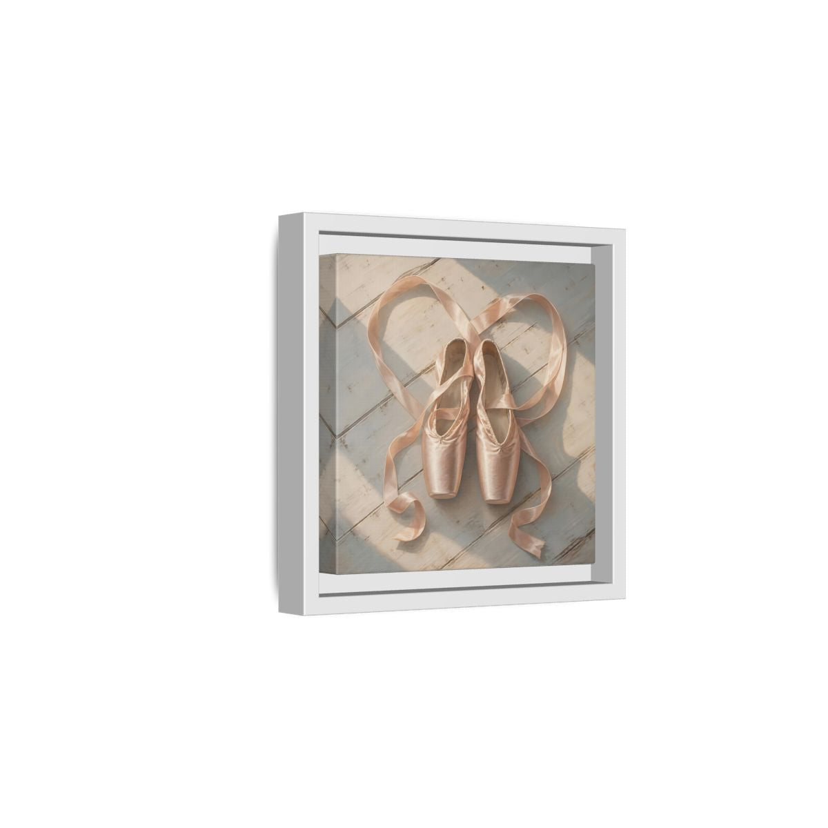 Side Mockup 1. Vintage Pointe Shoes Pink Ballet Shoes shown as framed canvas print