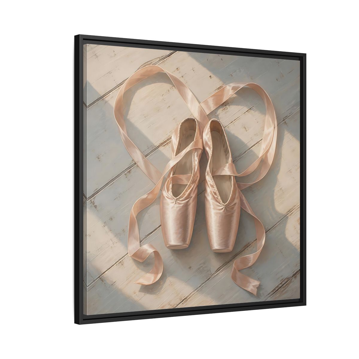 Side Mockup 9. Vintage Pointe Shoes Pink Ballet Shoes shown as framed canvas print