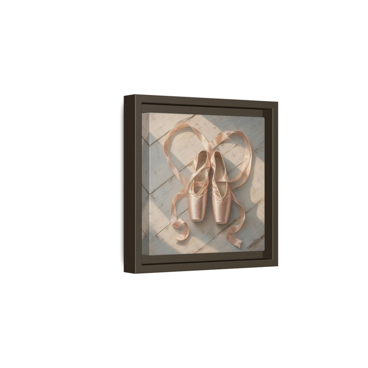 Side Mockup 2. Vintage Pointe Shoes Pink Ballet Shoes shown as framed canvas print