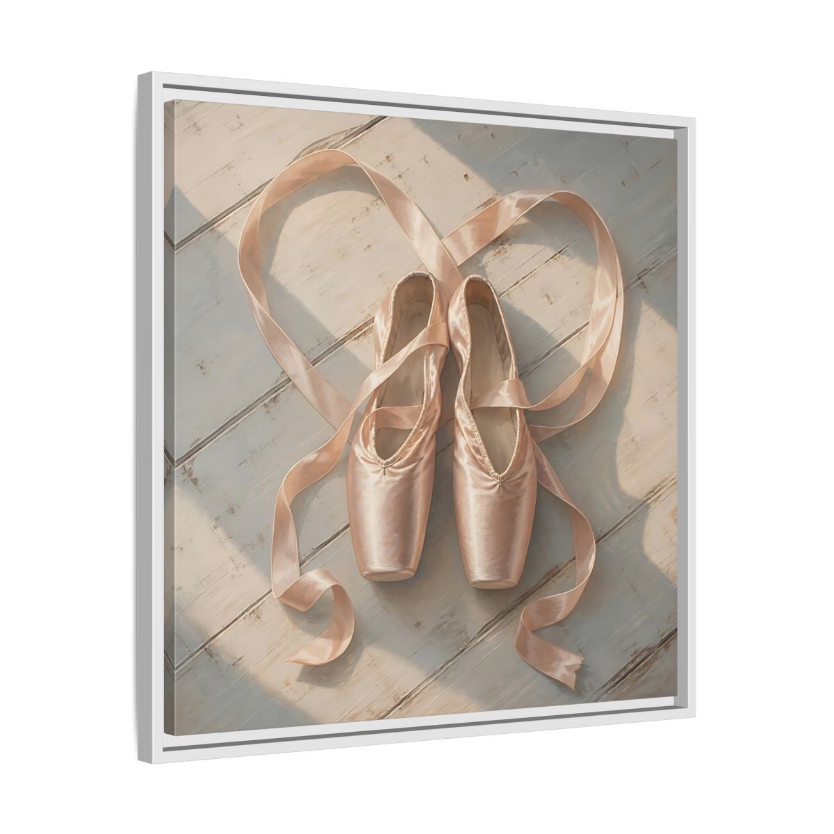 Side Mockup 26. Vintage Pointe Shoes Pink Ballet Shoes shown as framed canvas print