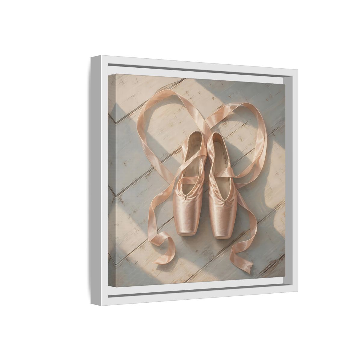 Side Mockup 16. Vintage Pointe Shoes Pink Ballet Shoes shown as framed canvas print