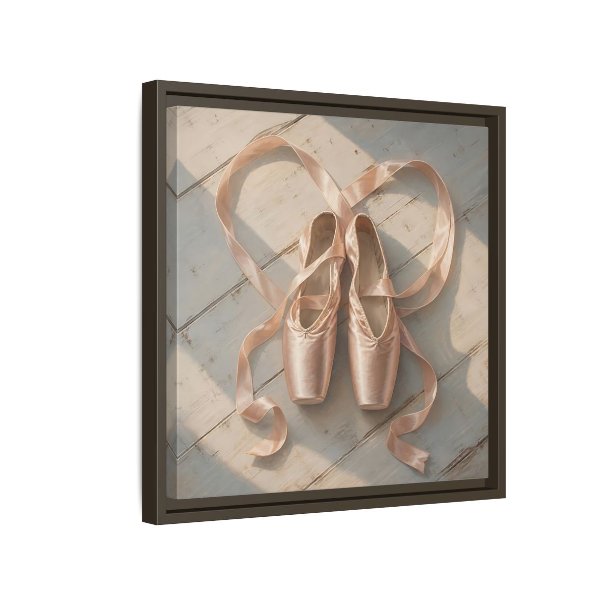 Side Mockup 14. Vintage Pointe Shoes Pink Ballet Shoes shown as framed canvas print