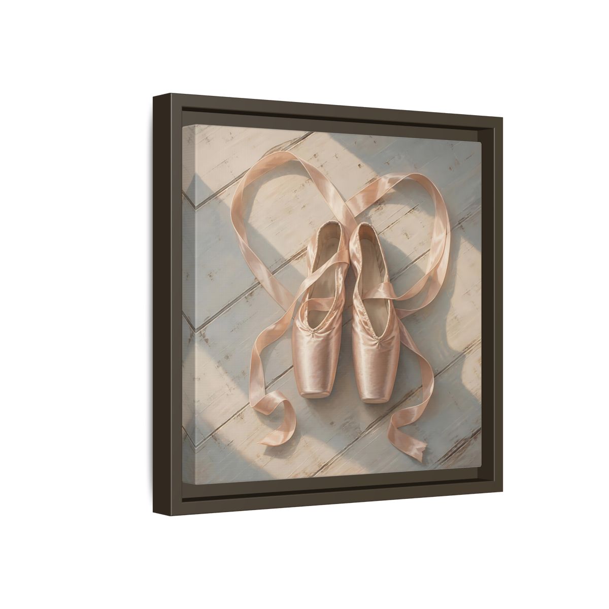 Side Mockup 17. Vintage Pointe Shoes Pink Ballet Shoes shown as framed canvas print