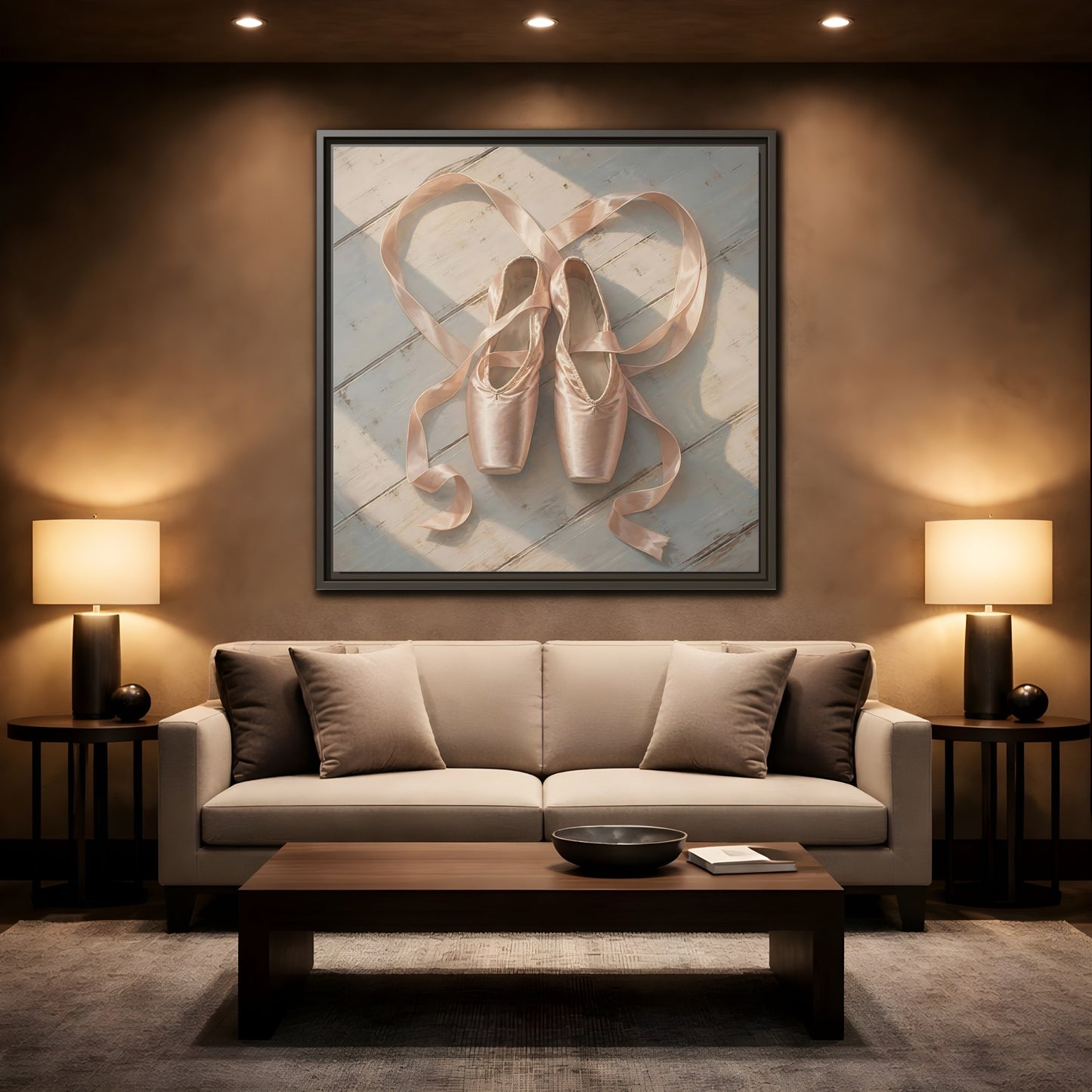 Mockup 2. Vintage Pointe Shoes Pink Ballet Shoes shown as framed canvas print