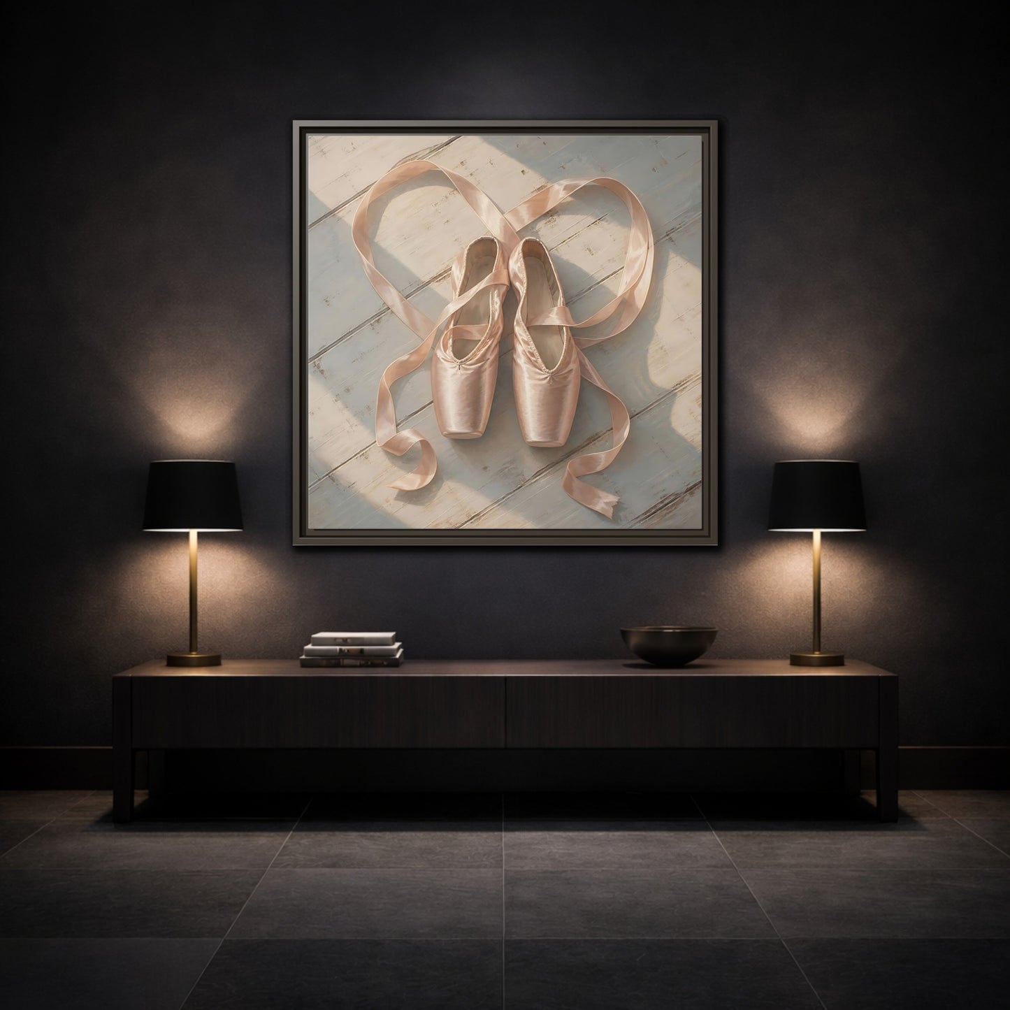 Mockup 3. Vintage Pointe Shoes Pink Ballet Shoes shown as framed canvas print