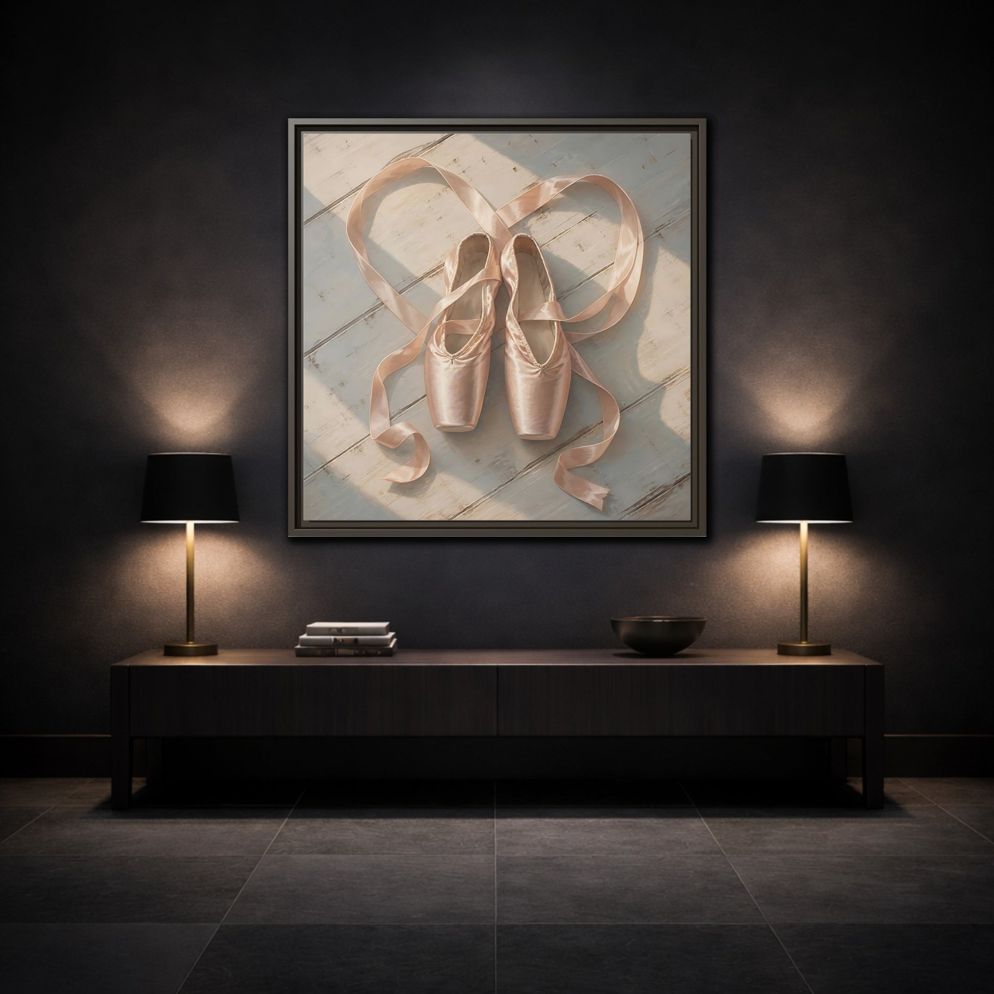 Mockup 3. Vintage Pointe Shoes Pink Ballet Shoes shown as framed canvas print