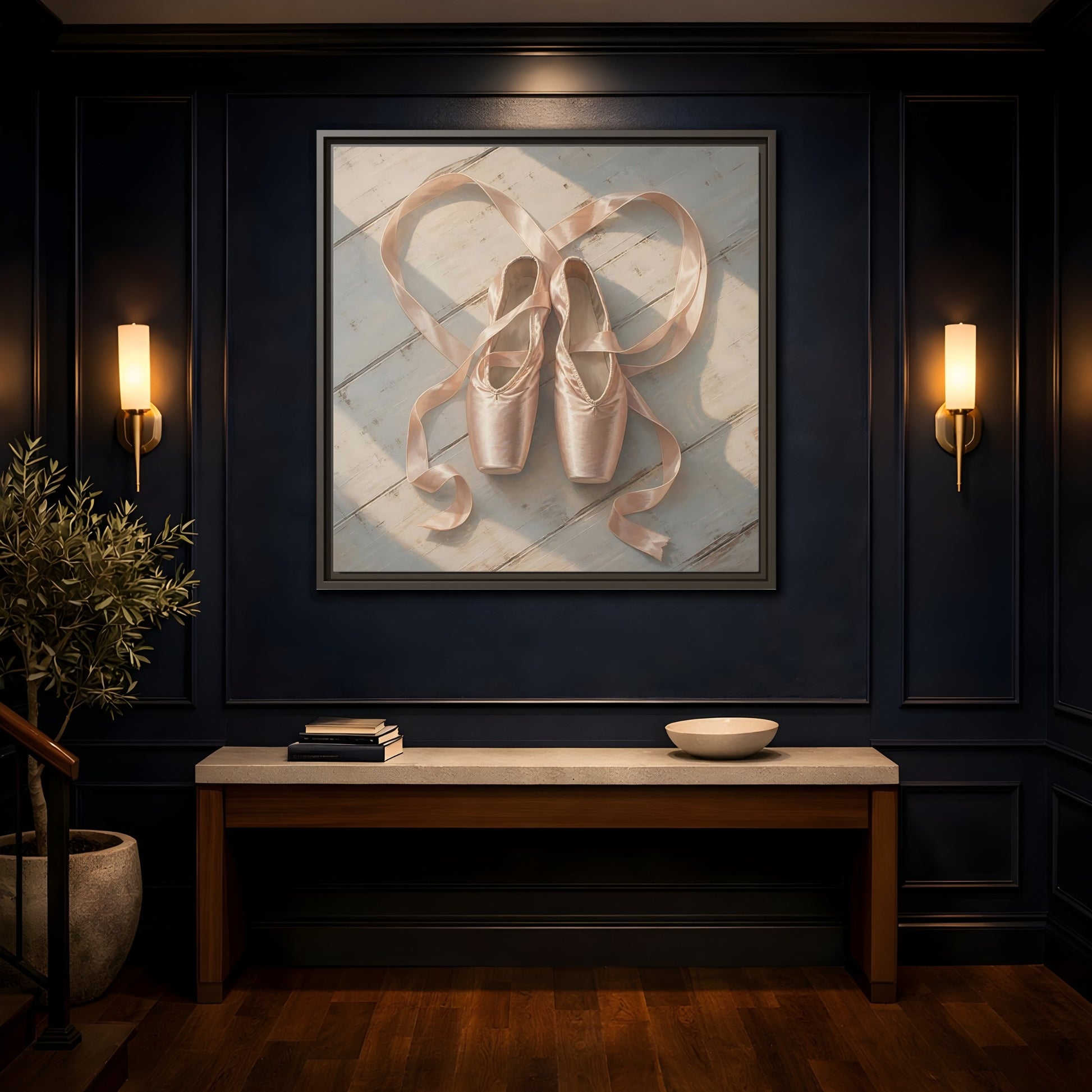 Mockup 4. Vintage Pointe Shoes Pink Ballet Shoes shown as framed canvas print