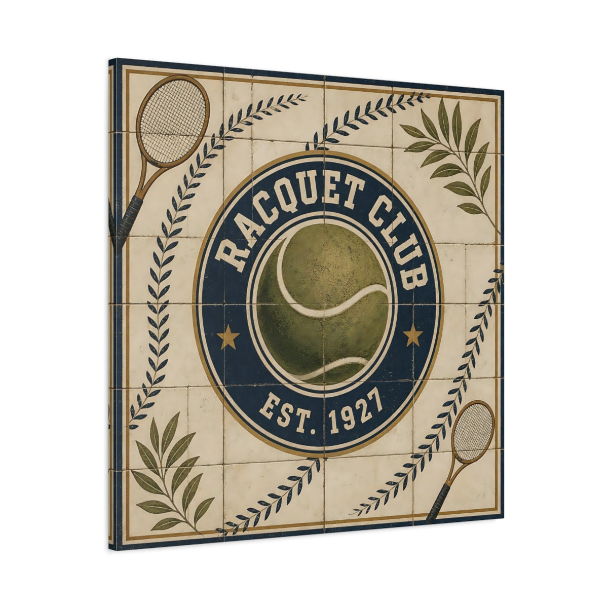 Main Mockup. Vintage Racquet Club Emblem shown as canvas print