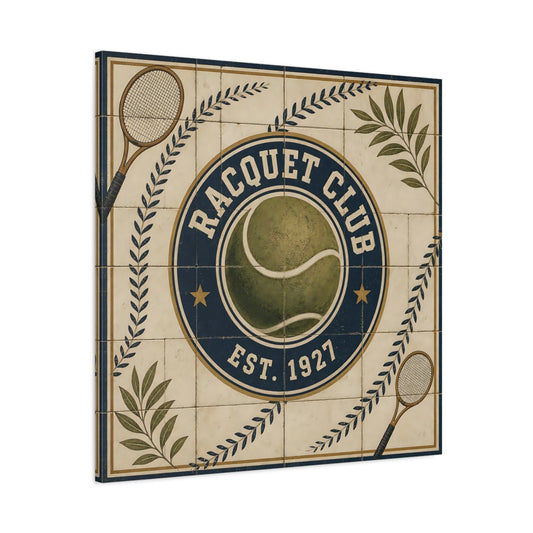 Main Mockup. Vintage Racquet Club Emblem shown as canvas print