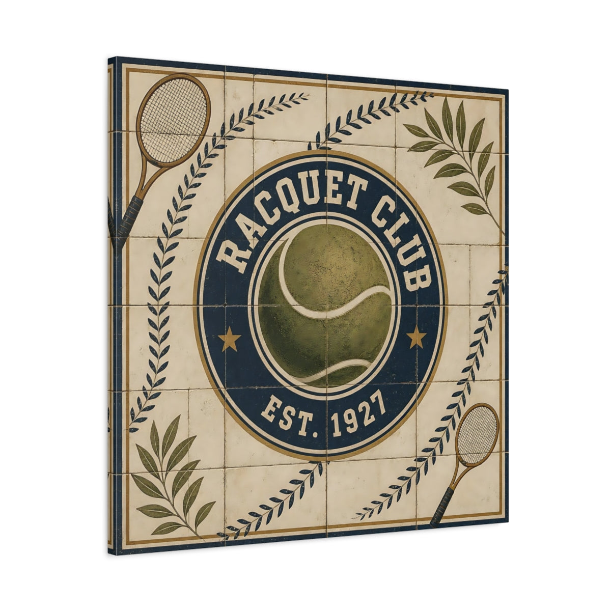 Side Mockup 3. Vintage Racquet Club Emblem shown as canvas print