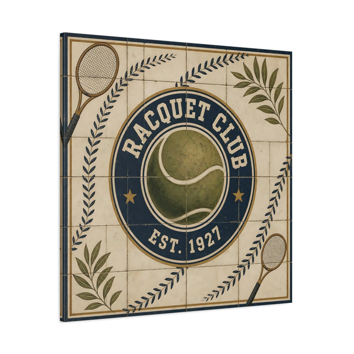 Side Mockup 1. Vintage Racquet Club Emblem shown as canvas print