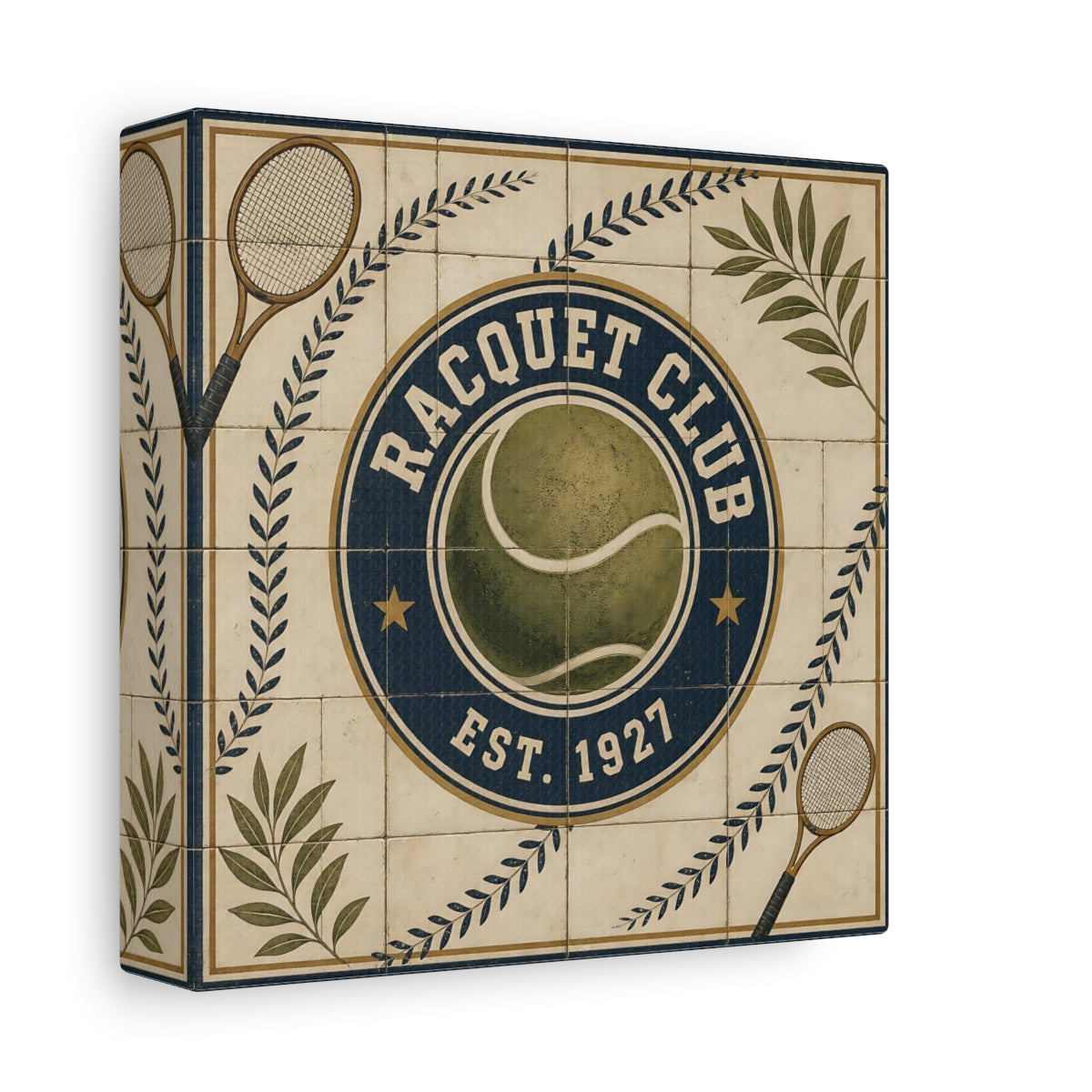 Side Mockup 2. Vintage Racquet Club Emblem shown as canvas print