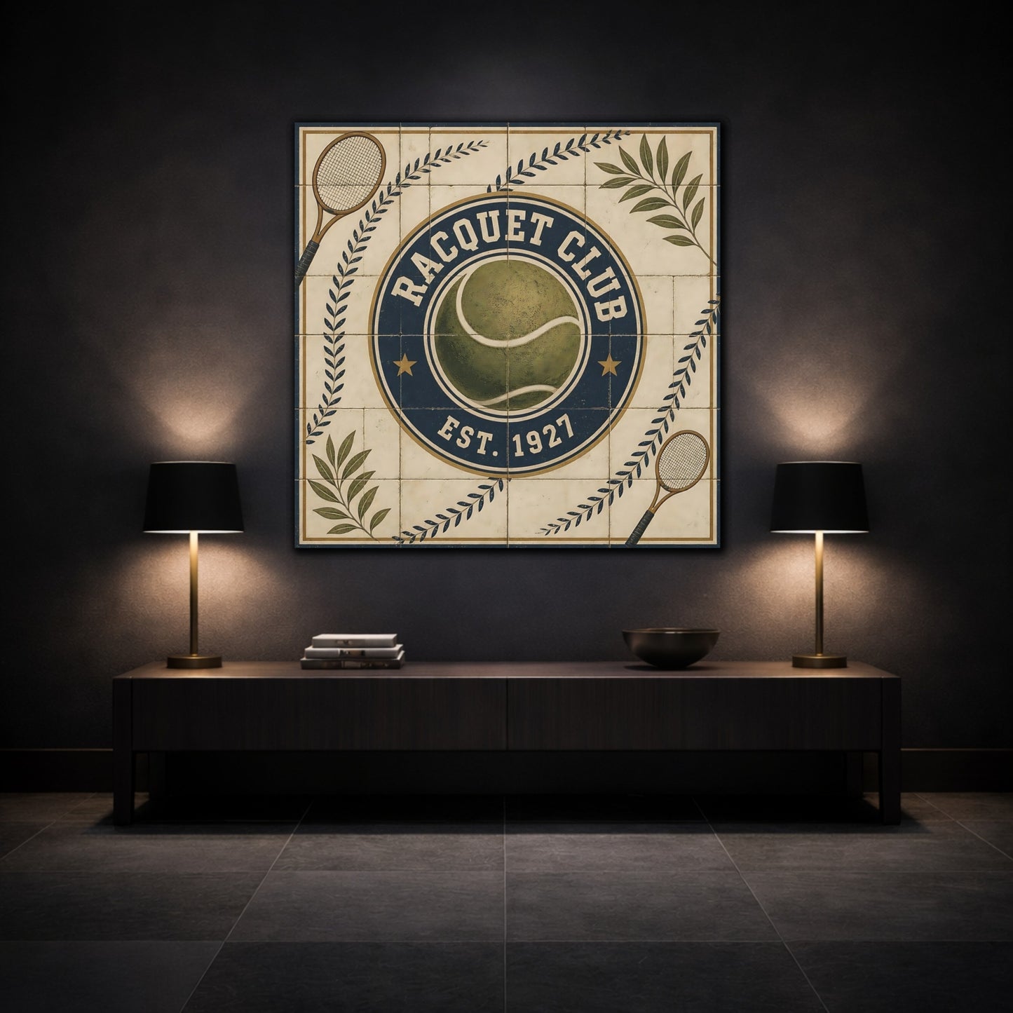 Mockup 3. Vintage Racquet Club Emblem shown as canvas print