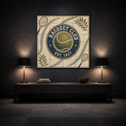 Mockup 3. Vintage Racquet Club Emblem shown as canvas print