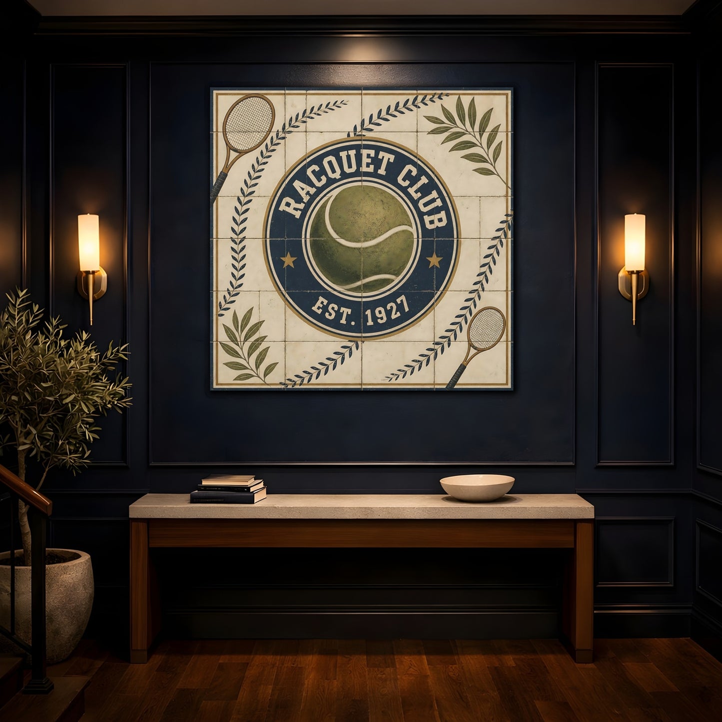 Mockup 4. Vintage Racquet Club Emblem shown as canvas print