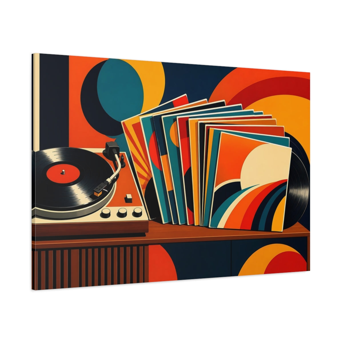 Side Mockup 1. Vintage Record Player Colorful Retro Music shown as canvas print