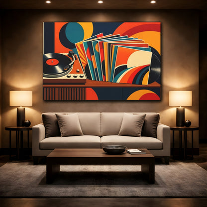Mockup 2. Vintage Record Player Colorful Retro Music shown as canvas print