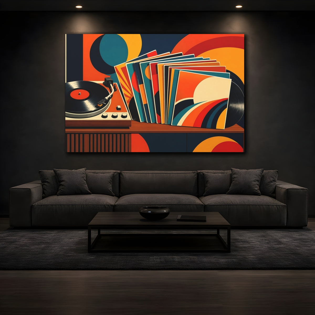 Mockup 3. Vintage Record Player Colorful Retro Music shown as canvas print