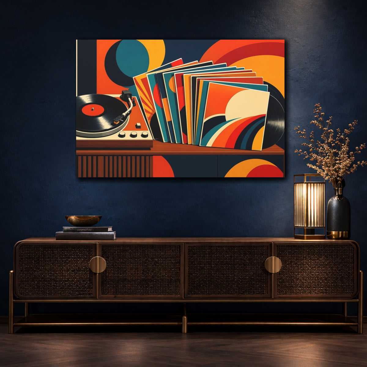 Mockup 4. Vintage Record Player Colorful Retro Music shown as canvas print