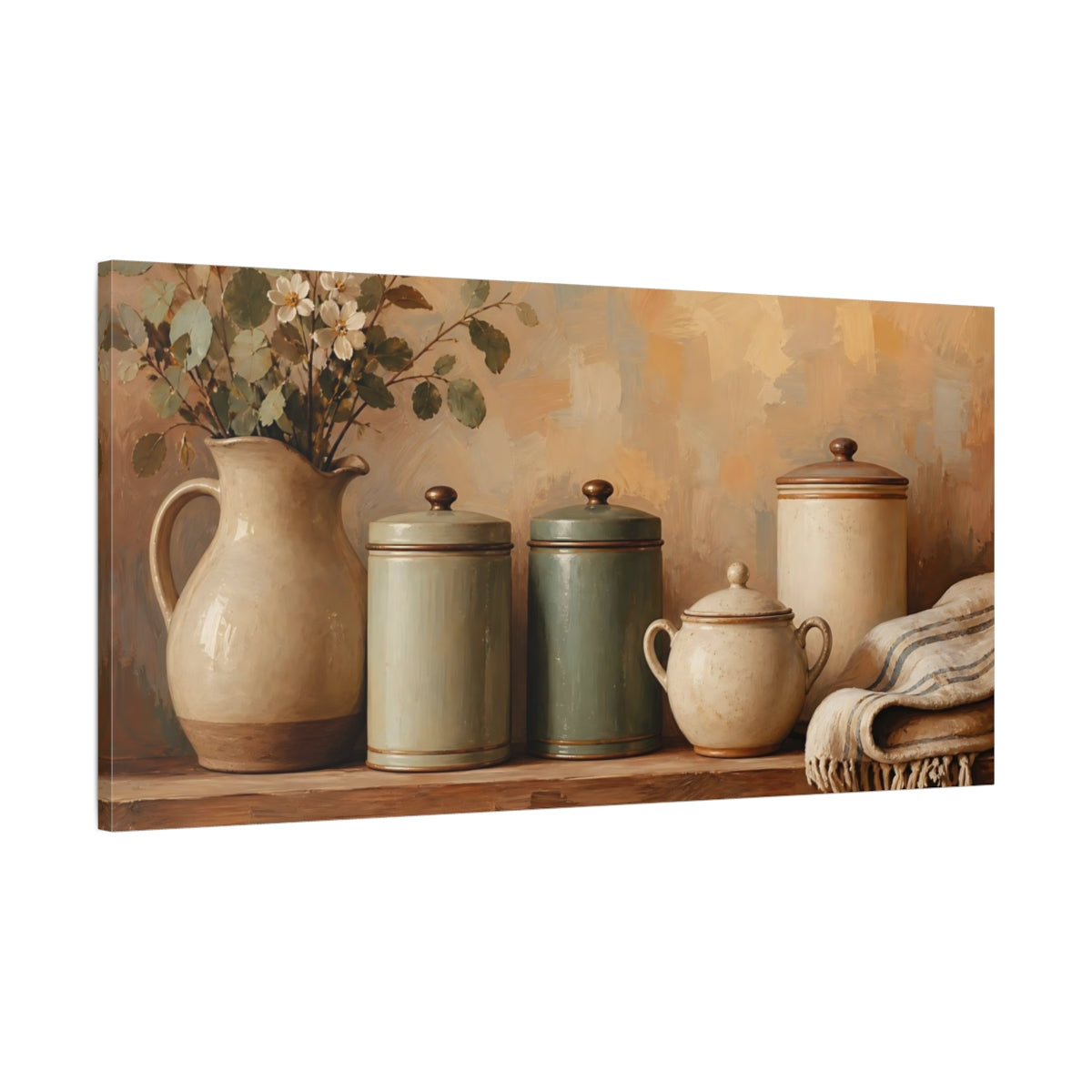 Main Mockup. Vintage Rustic Jars Green And Beige shown as canvas print