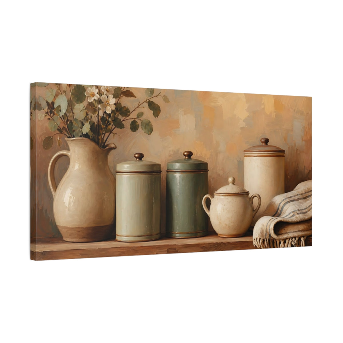 Side Mockup 1. Vintage Rustic Jars Green And Beige shown as canvas print