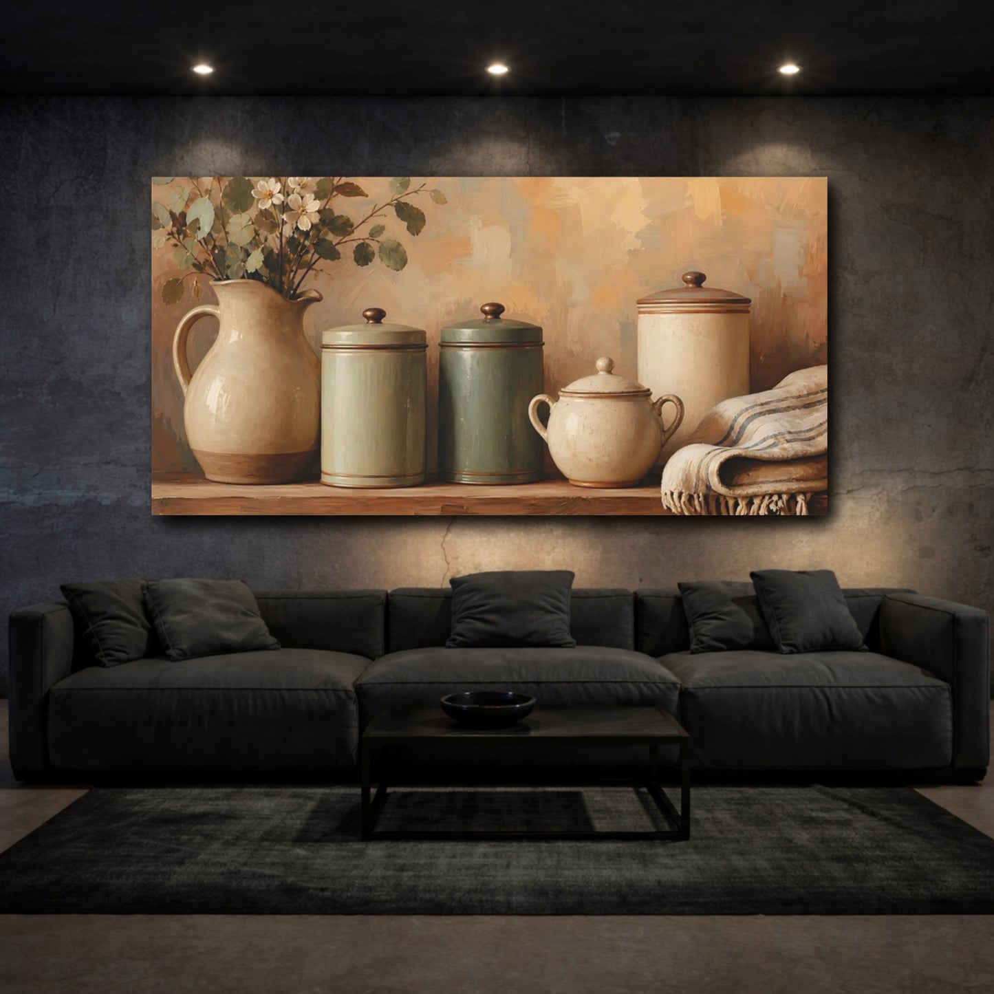 Mockup 3. Vintage Rustic Jars Green And Beige shown as canvas print