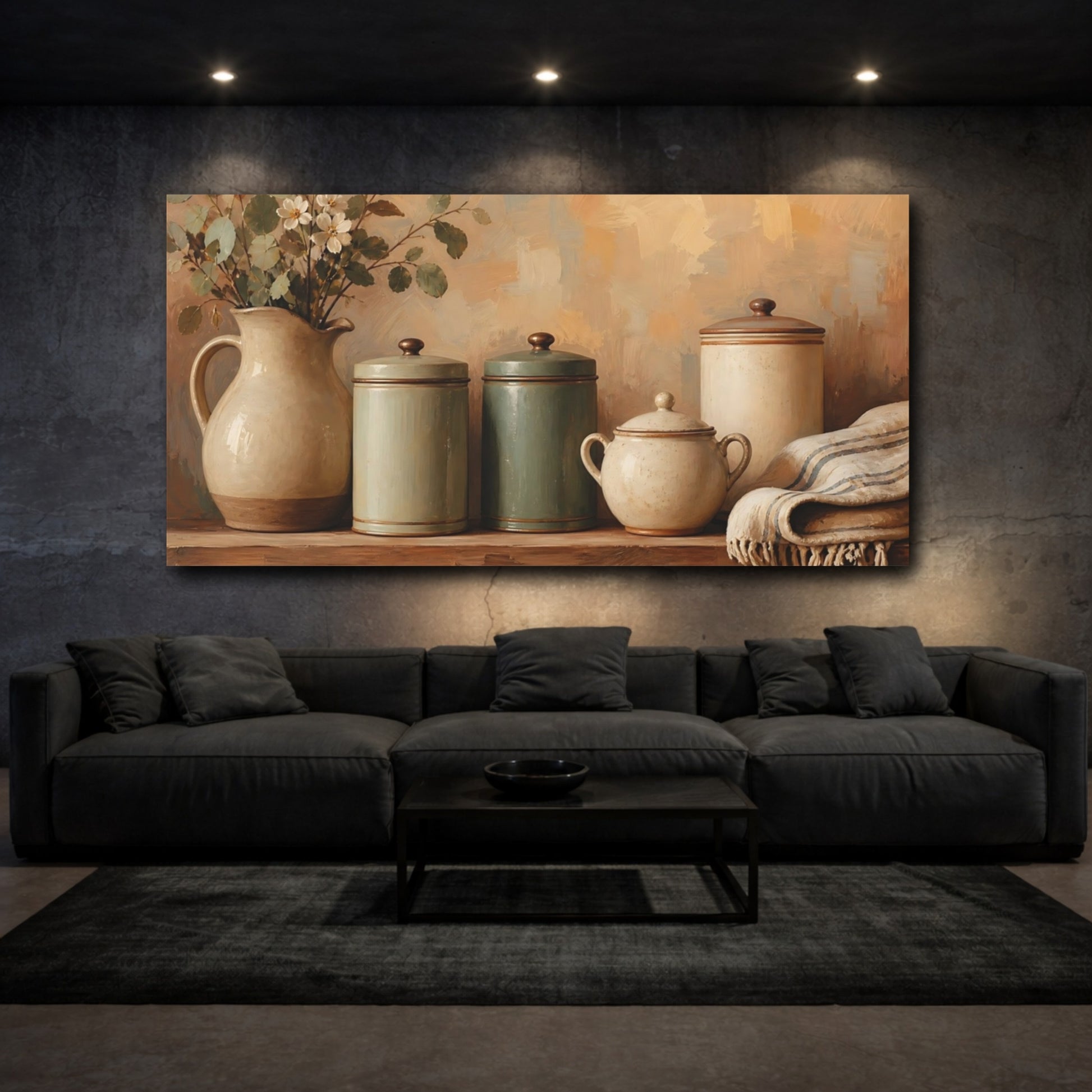 Mockup 3. Vintage Rustic Jars Green And Beige shown as canvas print