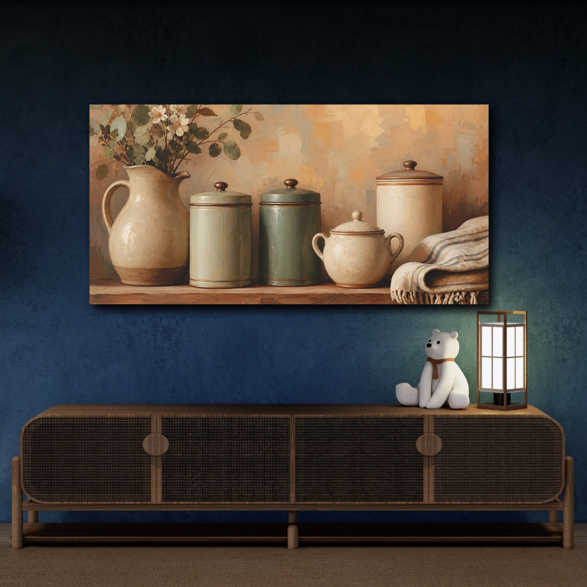 Mockup 4. Vintage Rustic Jars Green And Beige shown as canvas print
