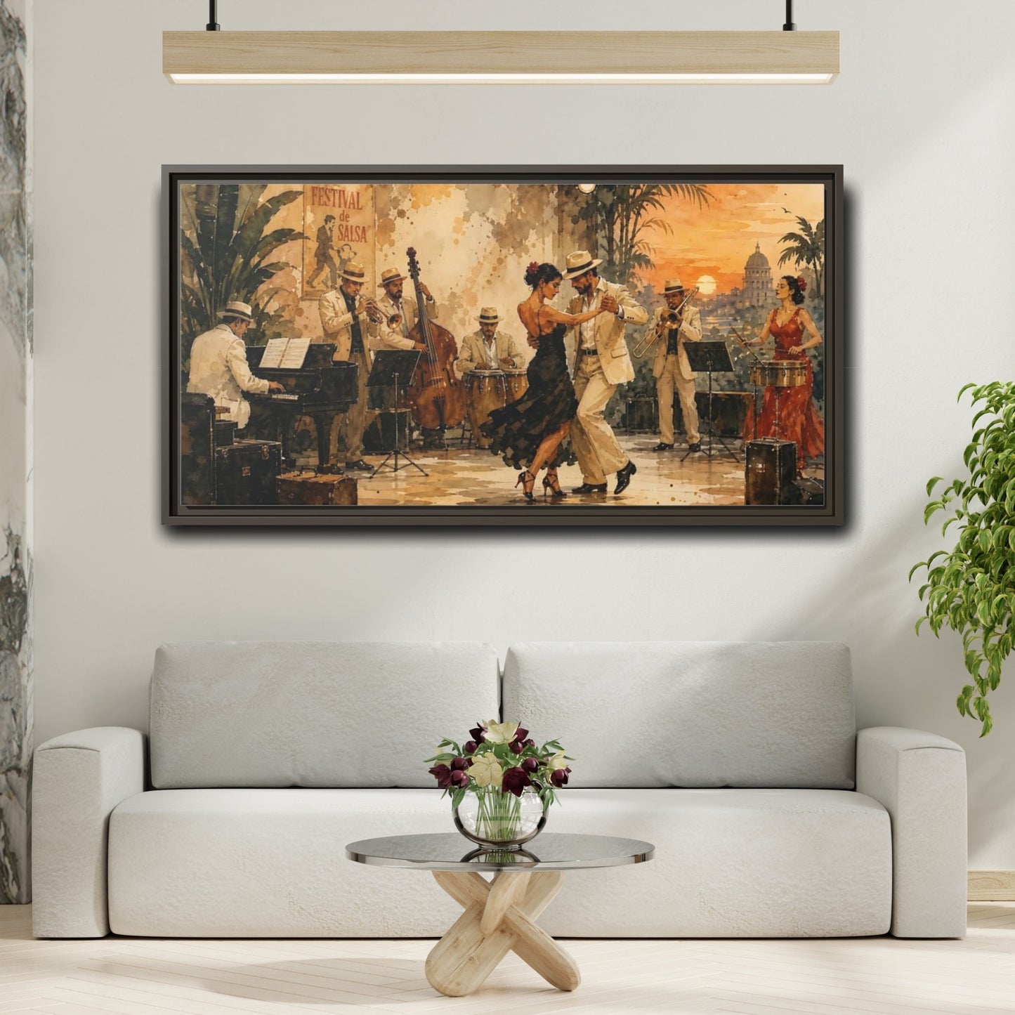 Mockup 2. Vintage Salsa Dance Salsa Dance Sunset shown as framed canvas print