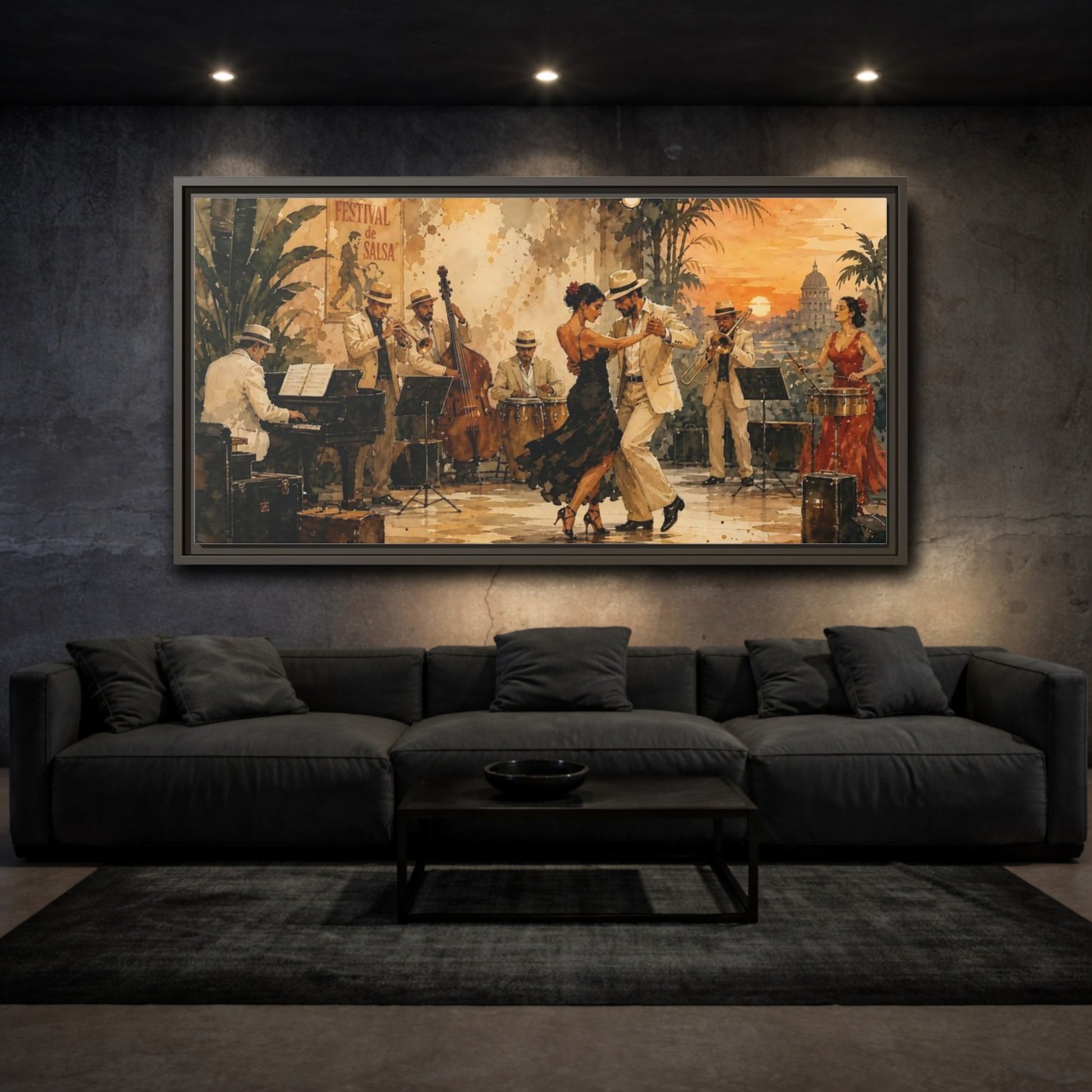 Mockup 3. Vintage Salsa Dance Salsa Dance Sunset shown as framed canvas print
