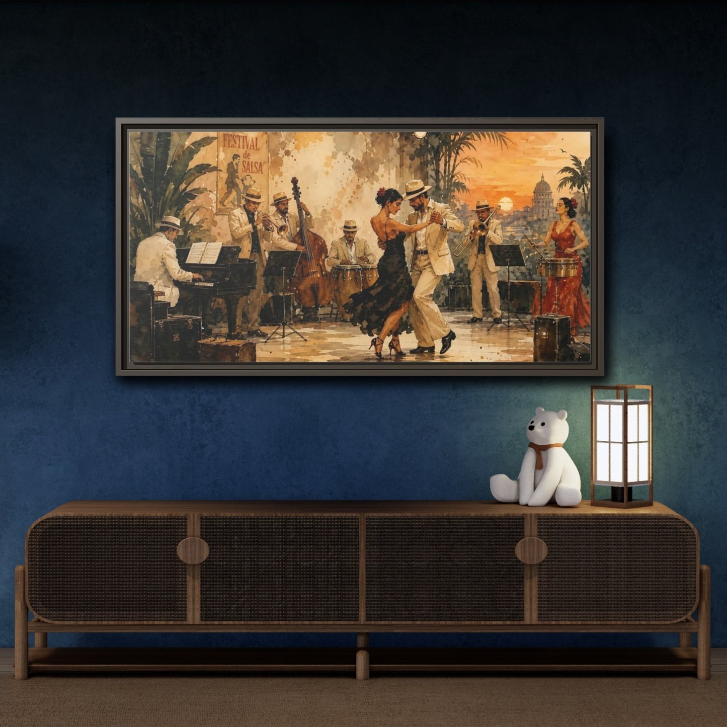 Mockup 4. Vintage Salsa Dance Salsa Dance Sunset shown as framed canvas print
