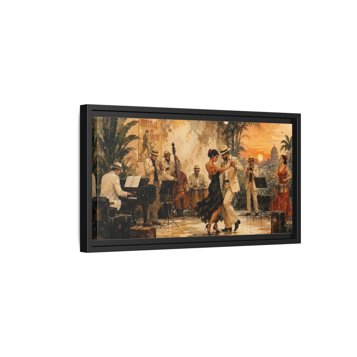 Side Mockup 8. Vintage Salsa Dance Salsa Dance Sunset shown as framed canvas print