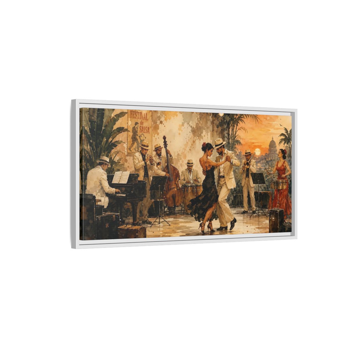 Side Mockup 1. Vintage Salsa Dance Salsa Dance Sunset shown as framed canvas print