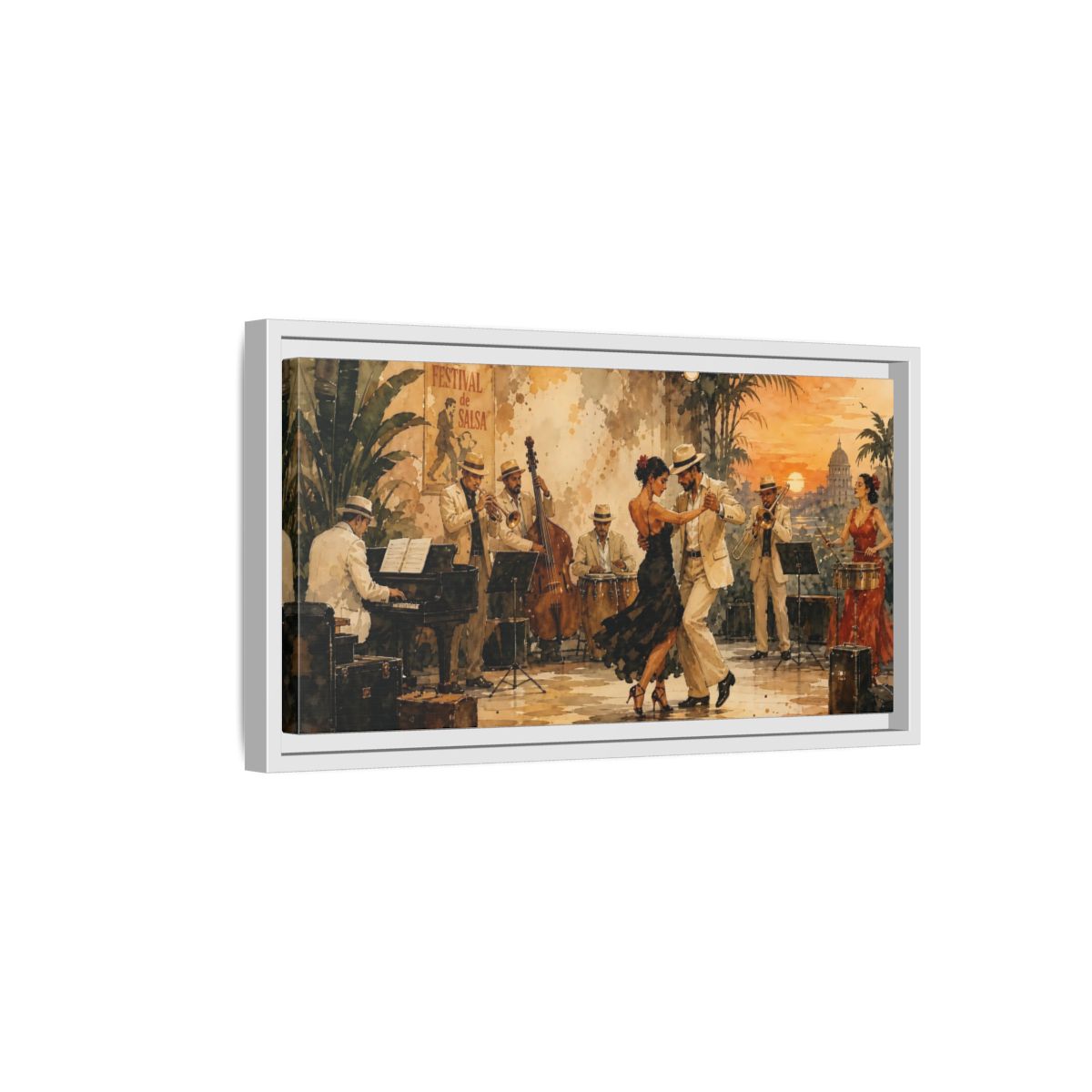 Side Mockup 6. Vintage Salsa Dance Salsa Dance Sunset shown as framed canvas print