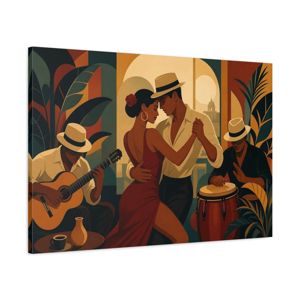 Main Mockup. Vintage Salsa Dancers Cuban Dance Scene shown as canvas print